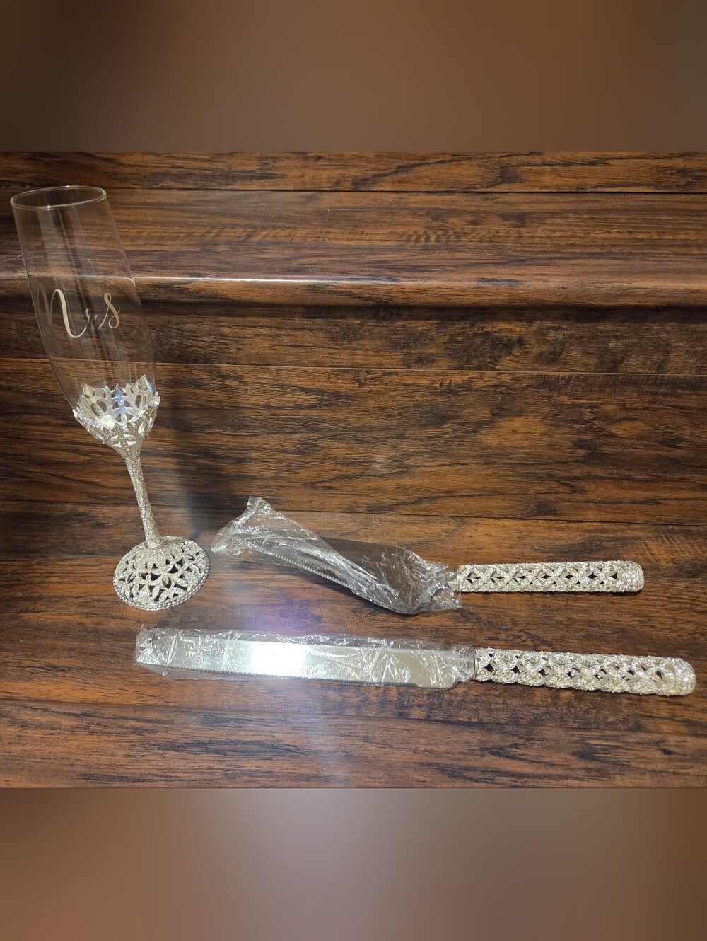3 Pcs Wedding Cake Knife and Champagne Flutes Server Set,SilverToasting Crystal